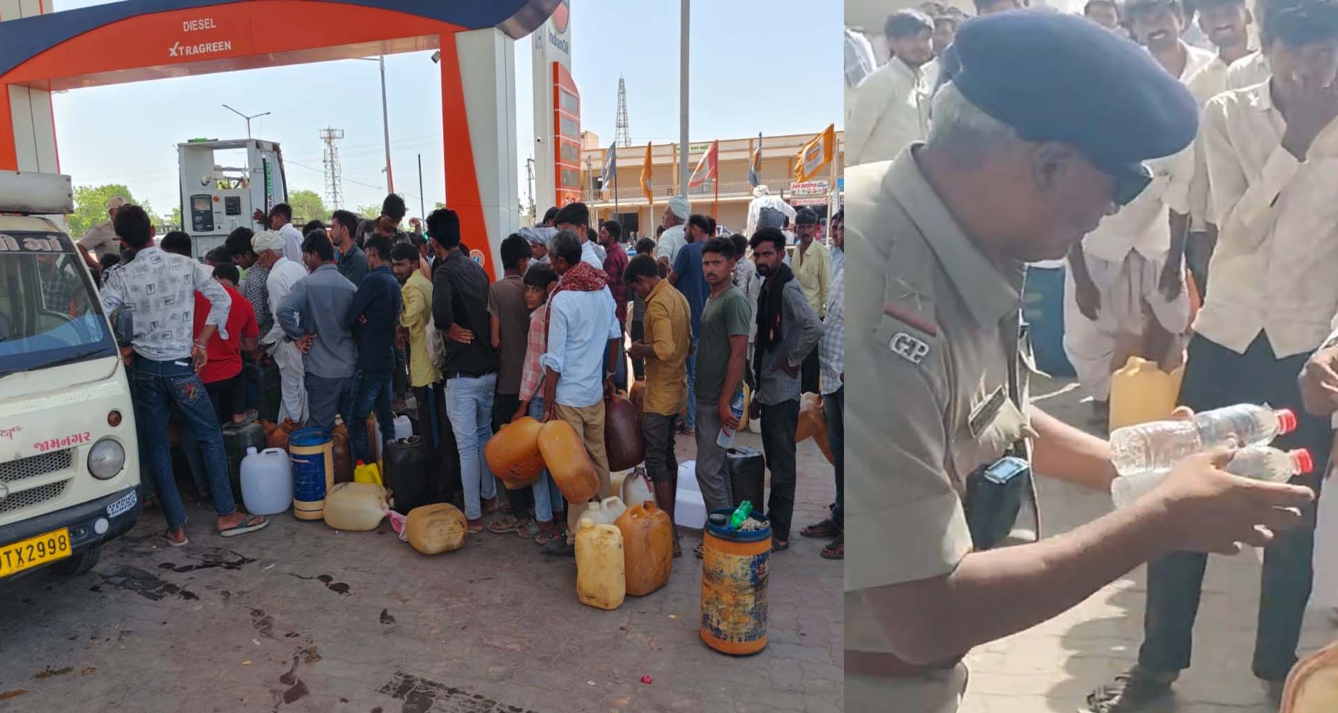 ખાખીનો માનવતાવાદી ચેહરો: ભાભરમાં પેટ્રોલ-ડીઝલની કતારમાં ઊભેલા ખેડૂતોને પોલીસે પાણી વહેંચ્યું