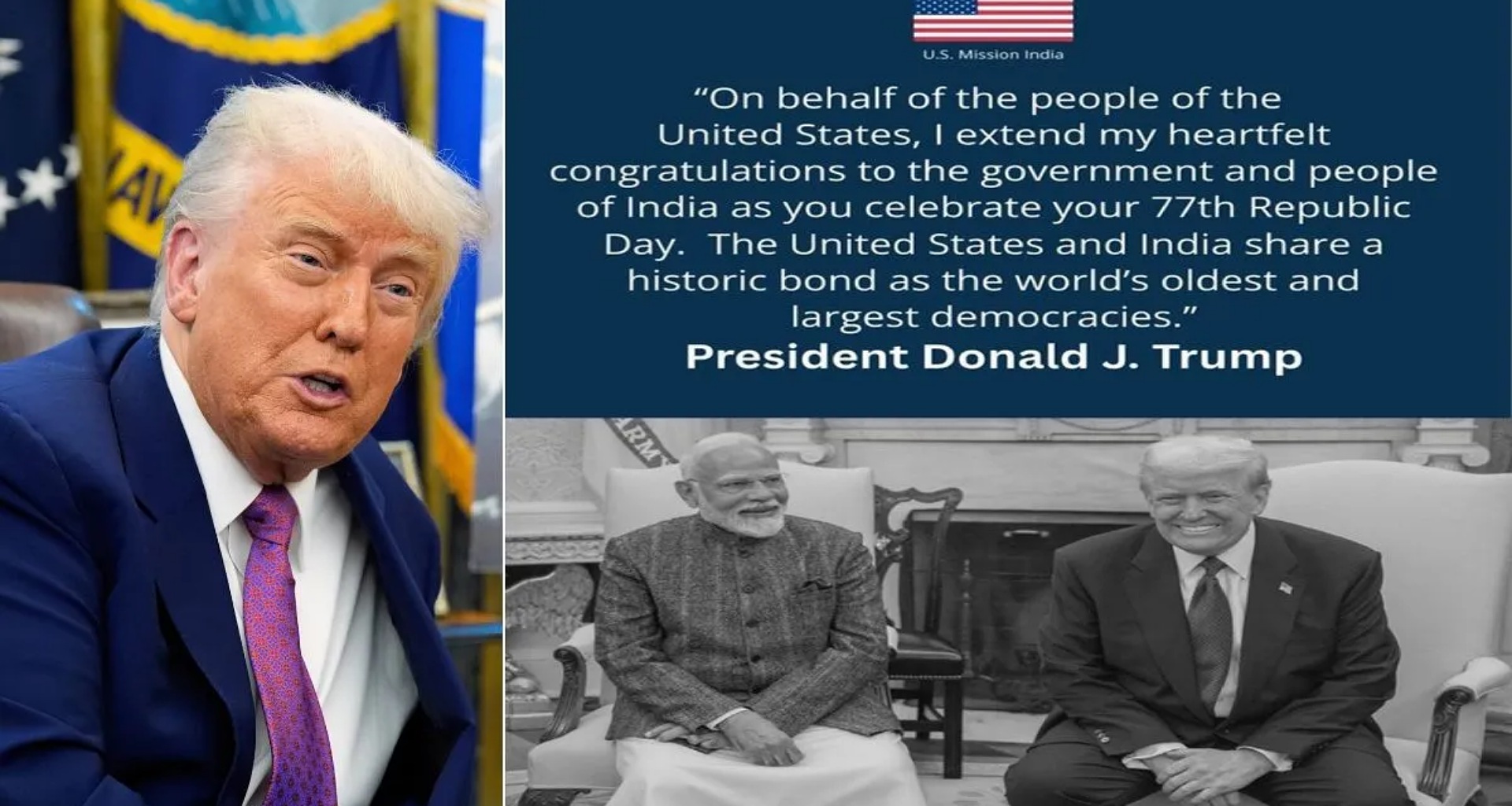 ભારત પર ટેરિફ લાદનારા ટ્રમ્પે પ્રજાસત્તાક દિવસ પર એક મોટો સંદેશ આપ્યો, કહ્યું કે, "અમેરિકા અને ભારત..."