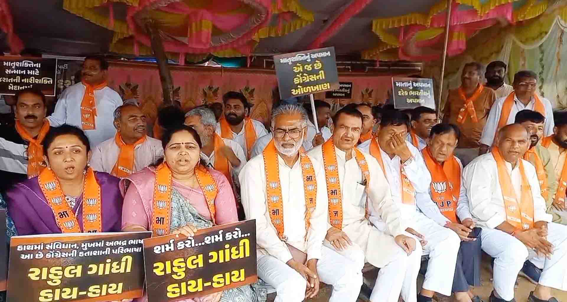 જિલ્લામાં તારાજી વચ્ચે ભાજપે યોજ્યા ધરણાં વડાપ્રધાનની માતા અંગે અભદ્ર ટિપ્પણી સામે વિરોધ