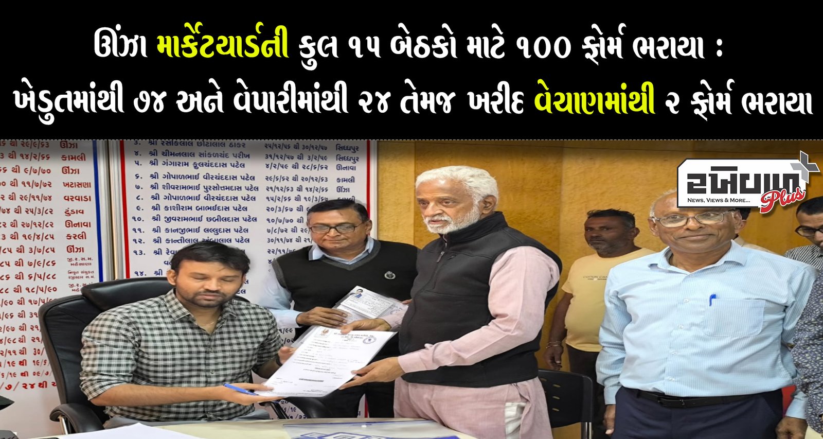 ઊંઝા માર્કેટ યાર્ડની કુલ ૧૫ બેઠકો માટે ૧૦૦ ફોર્મ ભરાયા : ખેડુતમાંથી ૭૪ અને વેપારીમાંથી ૨૪ તેમજ ખરીદ વેચાણમાંથી ૨ ફોર્મ ભરાયા