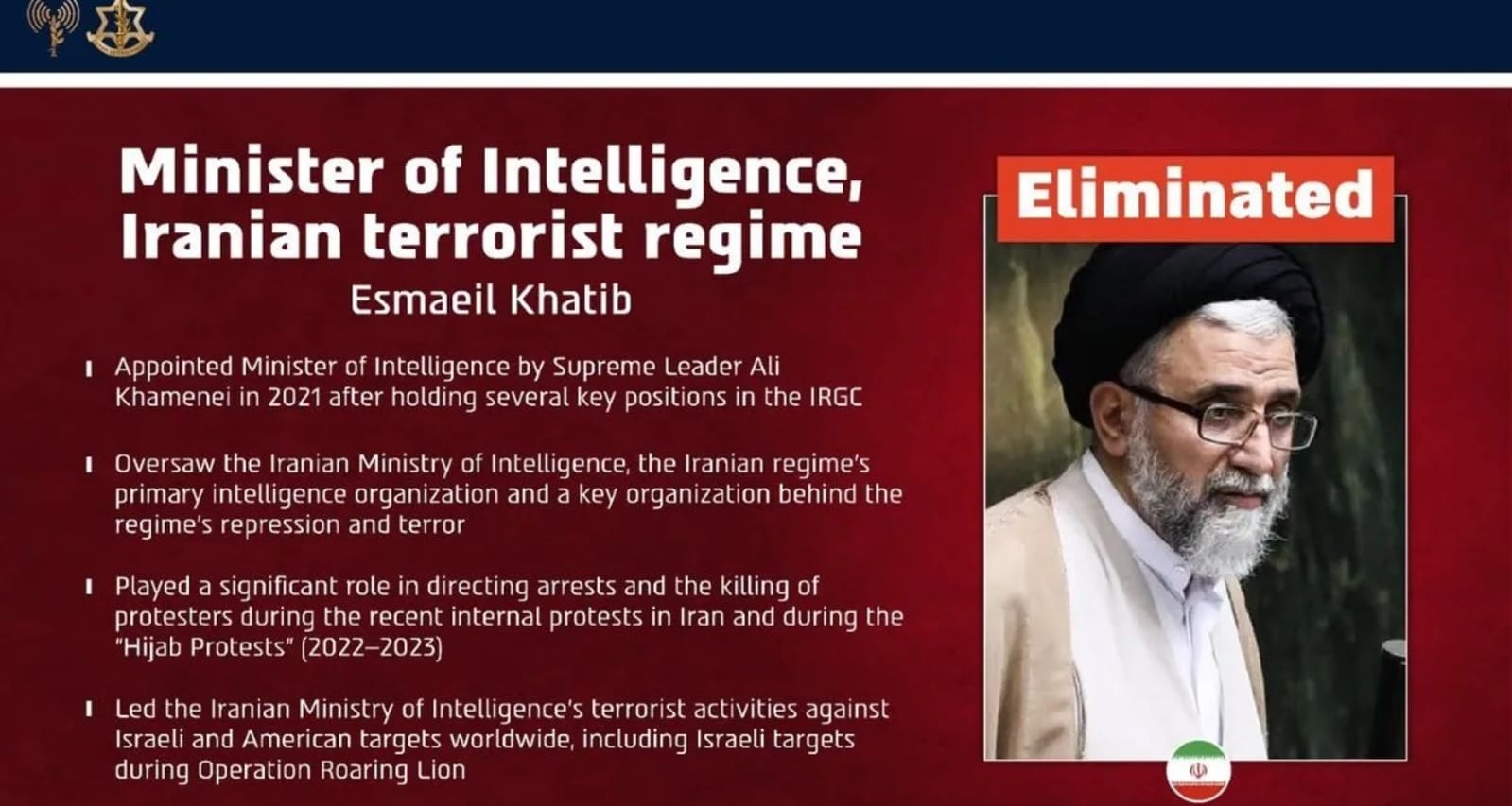 અલી લારીજાની પછી, ઇરાનના ગુપ્તચર મંત્રી ઇસ્માઇલ ખાતીબ પણ માર્યા ગયા