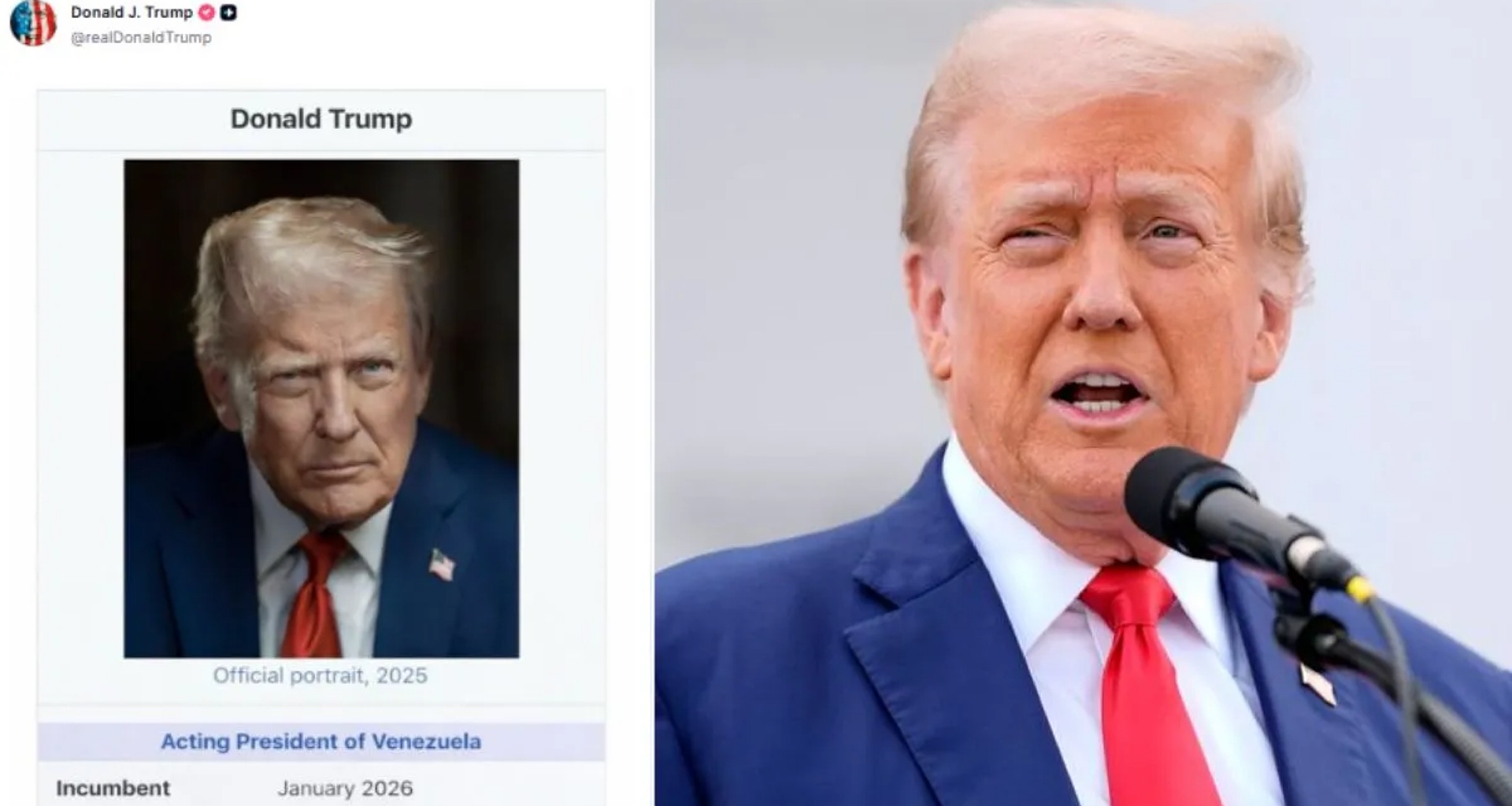 ડોનાલ્ડ ટ્રમ્પે પોતાને 'વેનેઝુએલાના કાર્યકારી રાષ્ટ્રપતિ' ગણાવ્યા, એક પોસ્ટમાં કર્યો દાવો