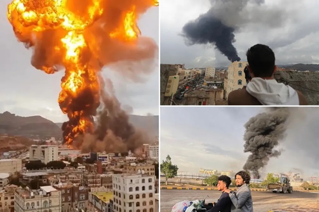 યમનની રાજધાની પર ઇઝરાયલી હવાઈ હુમલાઓ થતાં આકાશમાં આગનો ગોળો અને ધુમાડો છવાઈ ગયો