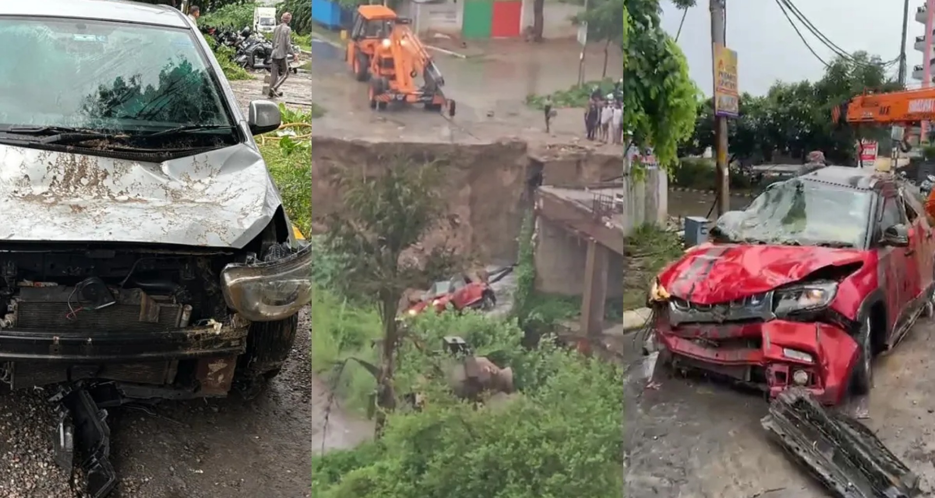ગાઝિયાબાદ: ભારે વરસાદને કારણે ભોંયરું ધરાશાયી, રસ્તો ખાડામાં ફેરવાઈ ગયો, 4 વાહનો દટાયા