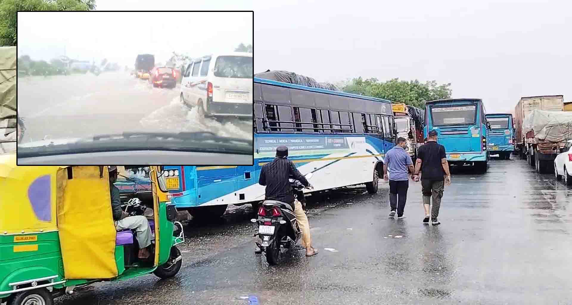 અમદાવાદ-પાલનપુર હાઈવે પર ભારે વરસાદને કારણે ટ્રાફિક જામ