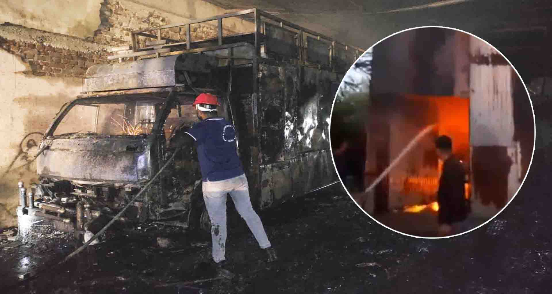 પાટણના ગદોસણ હાઇવે પરના ડેલામા લાગેલી આગમાં ડીજે સિસ્ટમવાળા બે આઈસર સળગી ગયા