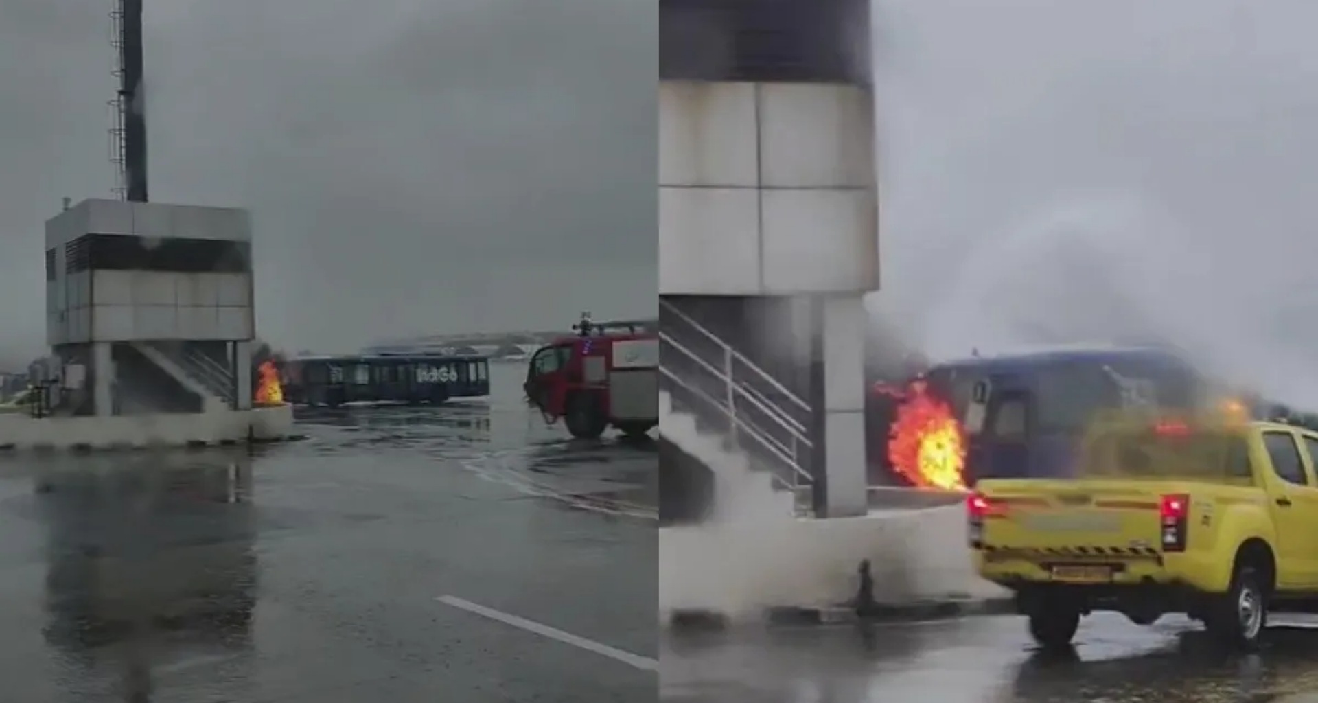 મુંબઈ એરપોર્ટ પર વરસાદ વચ્ચે ઈન્ડિગો પેસેન્જર બસમાં આગ લાગી