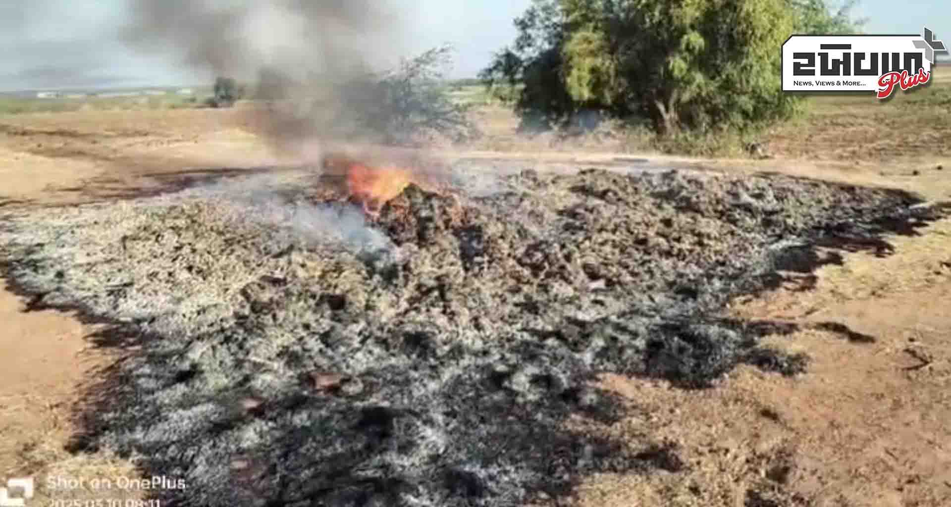 સાંતલપુરના પાટણકા ગામે ખેડૂતના ખેતરમાં અગમ્ય કારણોસર આગ લાગતા જીરૂ બળીને રાખ થયું