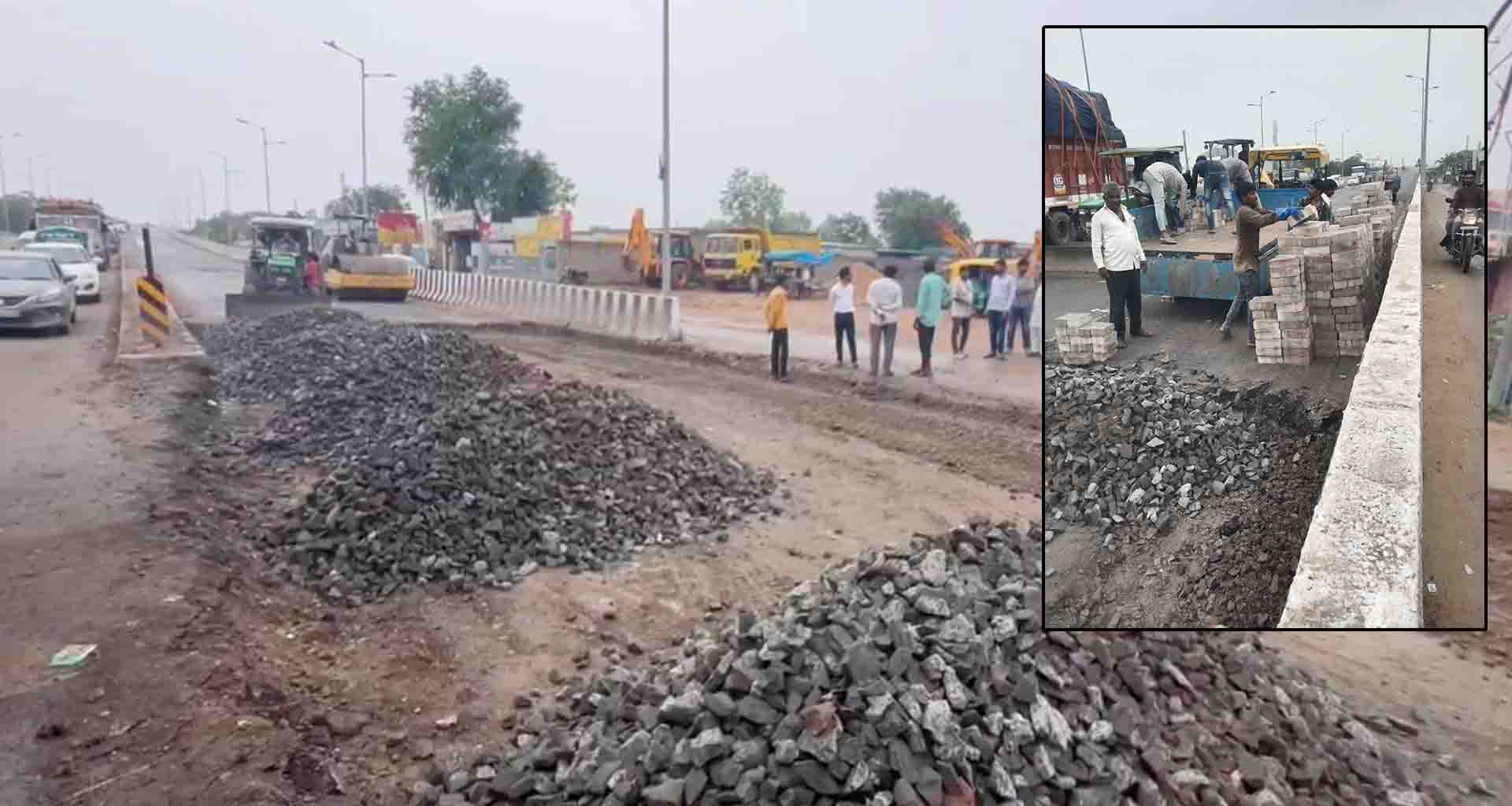 ધાનેરા રેલવે પુલના છેડા પરના રોડના ખાડાઓ પુરવા બ્લોક નાંખવાની કામગીરી શરૂ