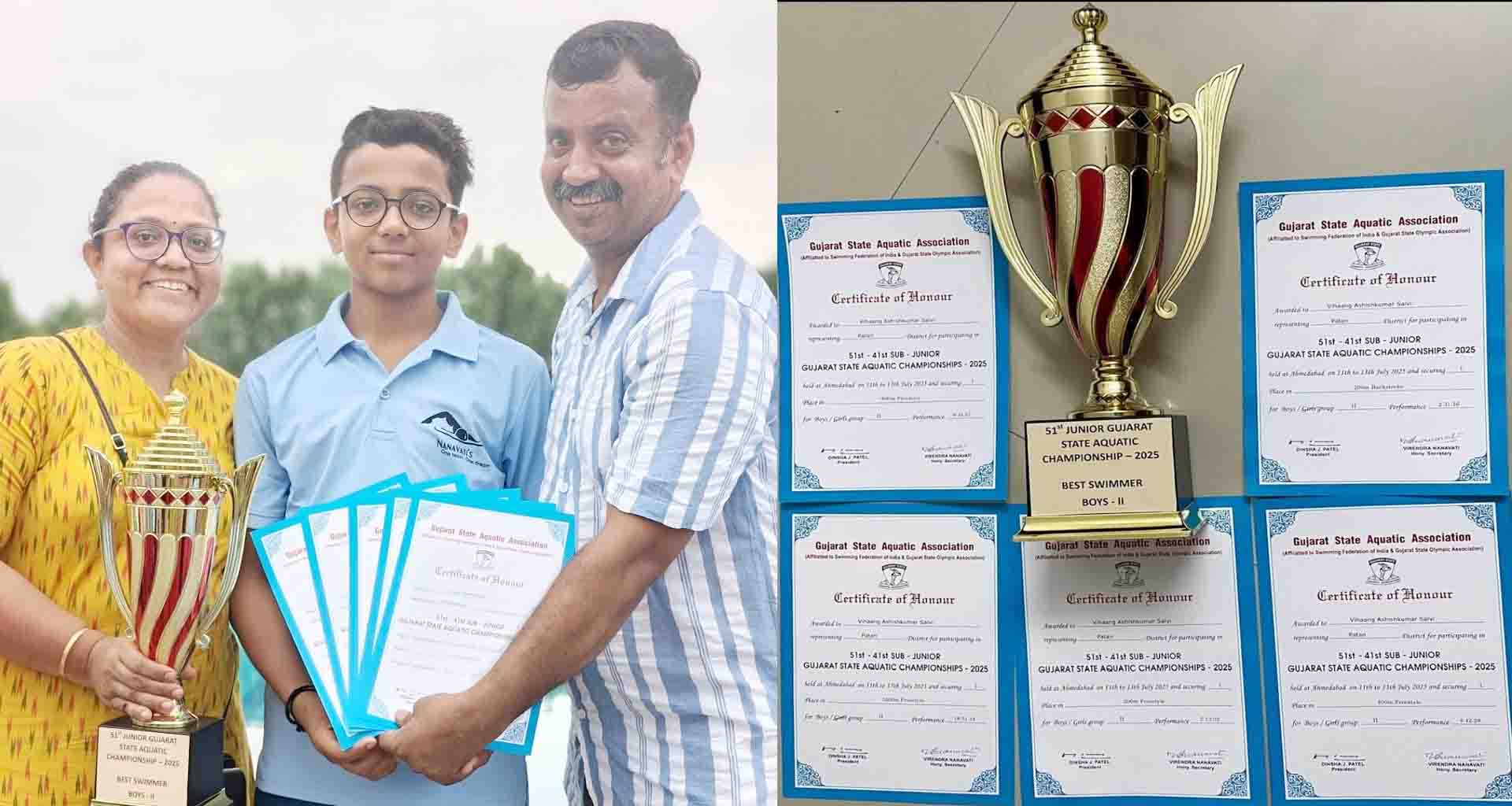 પાટણ ઓક્સફર્ડ સ્કૂલના વિહાંગ સાલવીએ ગુજરાત સ્ટેટ સ્વીમિંગ સ્પર્ધામાં 5 ગોલ્ડ મેડલ અને ચેમ્પિયન ટ્રોફી જીતી