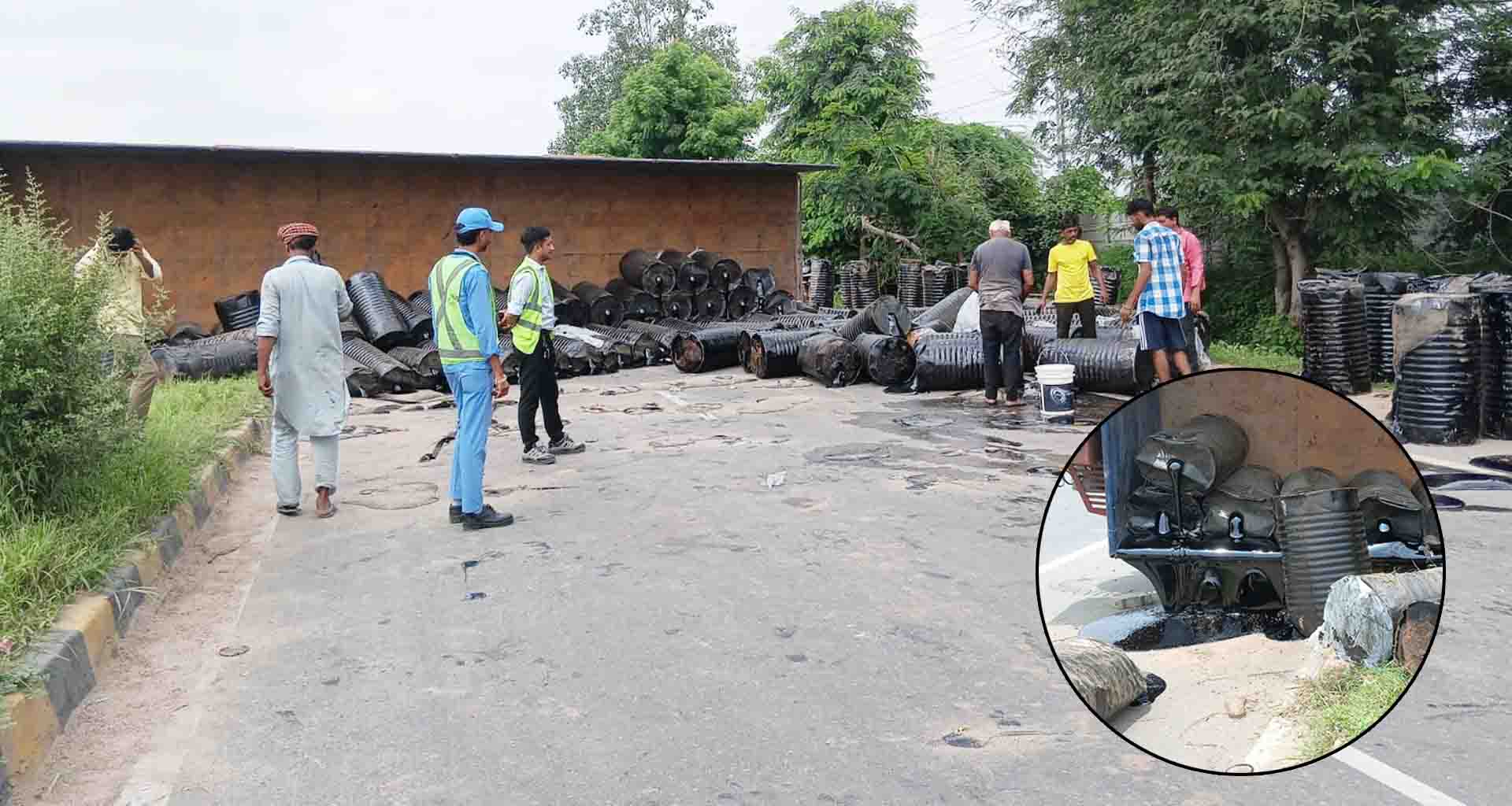 અમીરગઢ; નેશનલ હાઇવે ઉપર ડામર ભરેલા બેરલ સાથે ટ્રેલર પલટી જતા 2 કી.મી. સુધી ટ્રાફિક