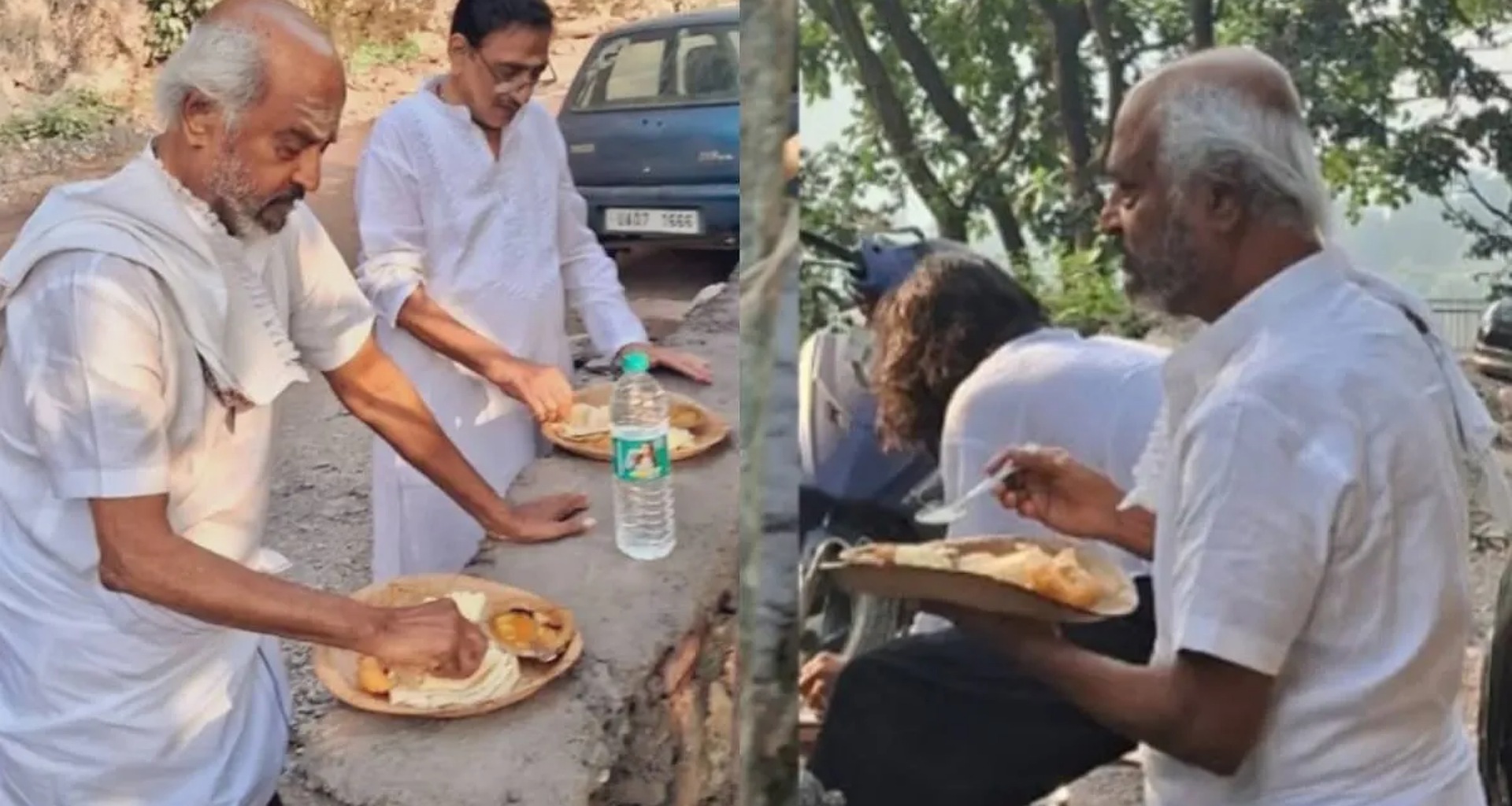 સુપરસ્ટાર રજનીકાંતે રસ્તાની બાજુમાં પાનની થાળીમાંથી સાદું ભોજન ખાધું