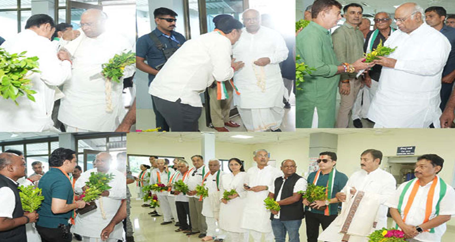 કોંગ્રેસના રાષ્‍ટ્રીય અધ્‍યક્ષ મલ્લિકાર્જુન ખડગેને આવકારતા કોંગ્રેસ આગેવાનો