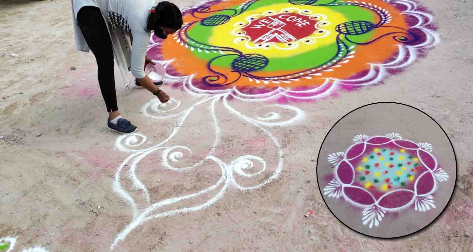 પાટણમાં બહુચર માતાની શોભાયાત્રા ના માર્ગ પર રંગોળી આર્ટિસ્ટની રંગોળીનું આકર્ષણ